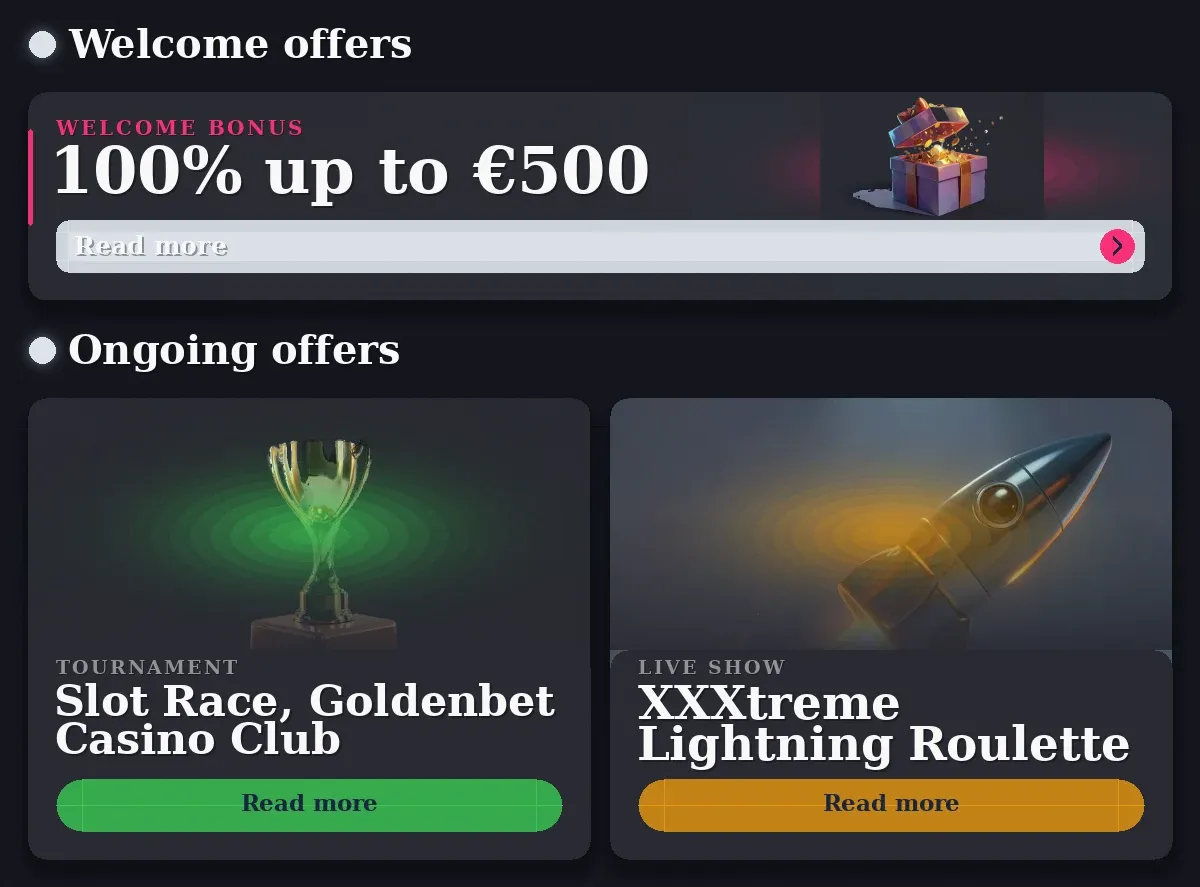 Goldenbet Casino: 100% €500, Slot Race, Goldenbet Casino Club, XXXtreme Lightning Roulette